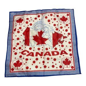 Vintage Canada Map Scarf Red White Blue 100% Polyester 22” Square Canadian Flag